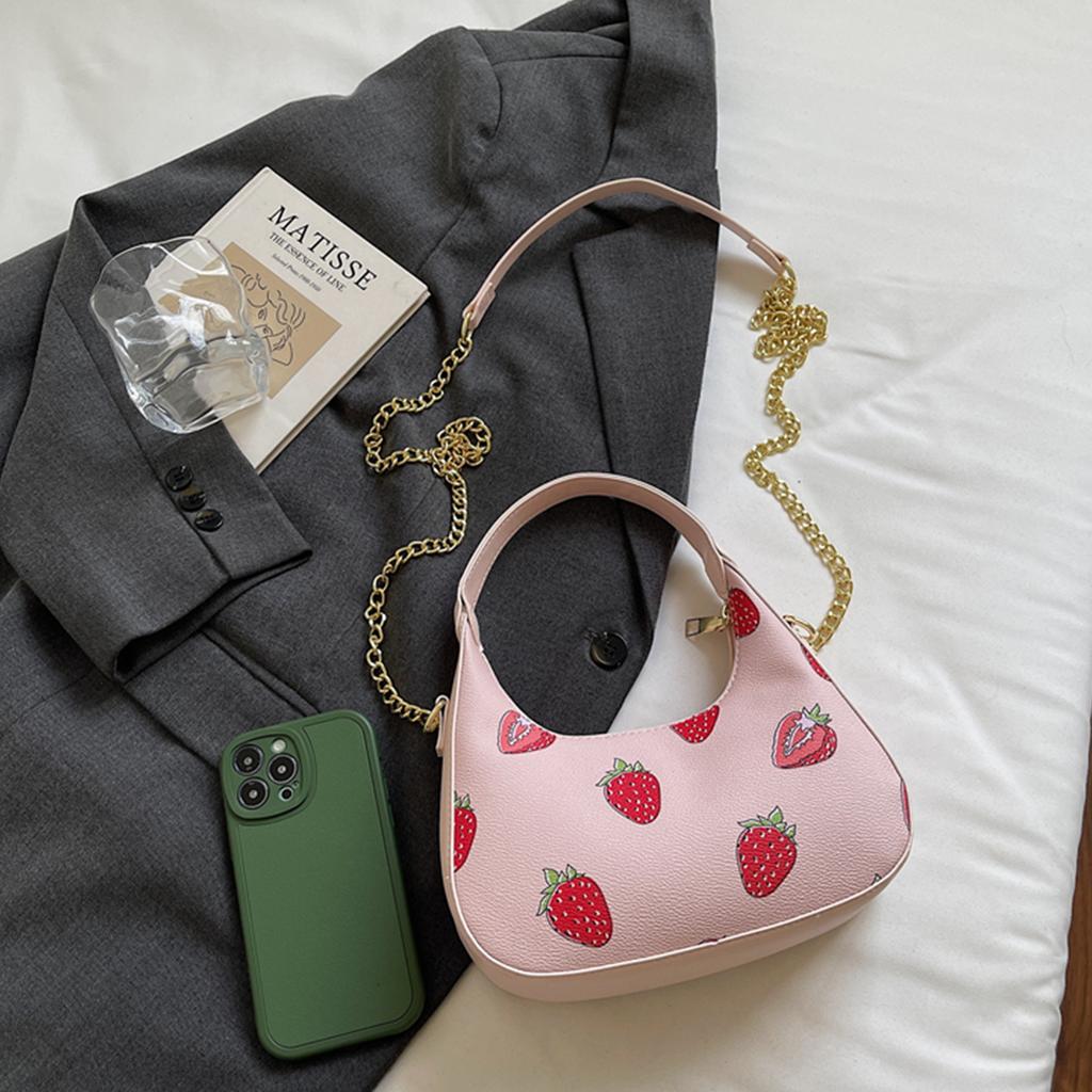 Fashion Shoulder Bag Strawberry Cherry Print Solid Color Large Capacity Zipper Adjustable Chain Strap Daily Commute Shopping