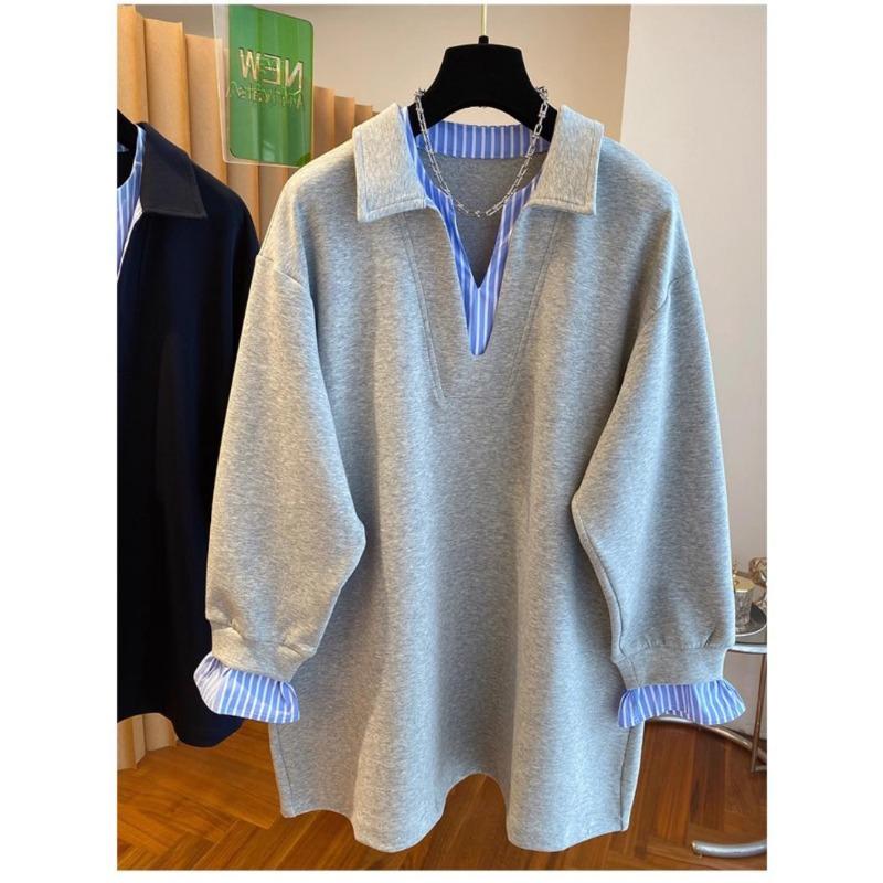 

New Color-blocked Polo Collar Long-sleeved Sweatshirt Fashionable Loose Casual Top L сірий колір