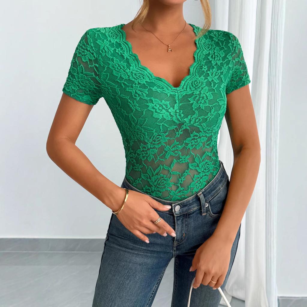 Elegant Women'S Red Lace V-Neck Short Sleeve Top Stretchy Form-Fitting Perfect for Spring & Summer Casual Wear Floral Print Top