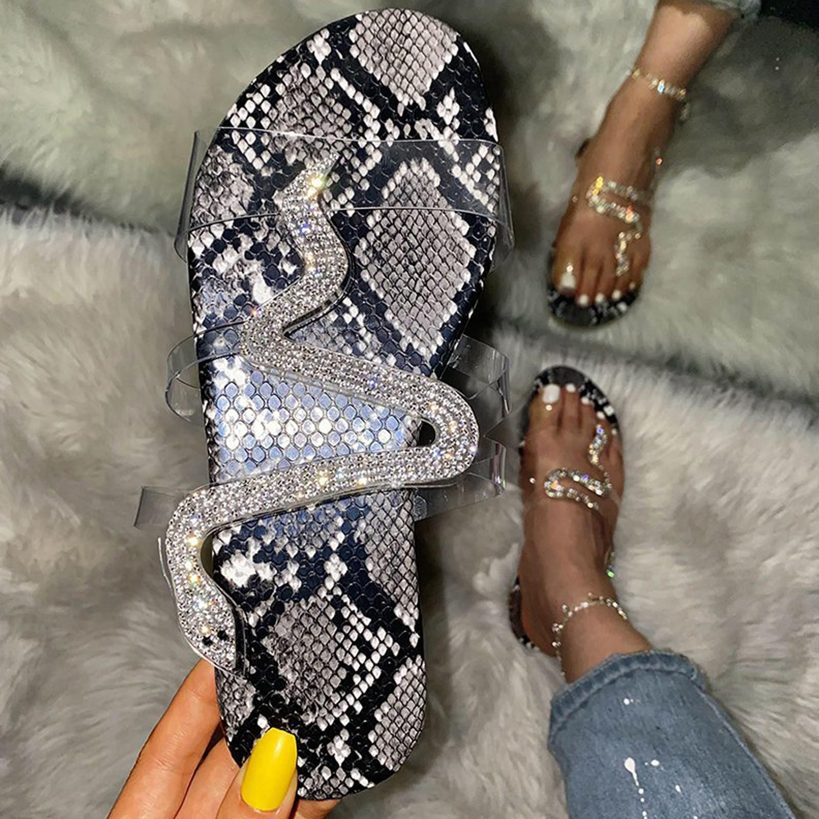 Летние женские сандалии, шлепанцы, повседневные тапочки на плоской подошве со змеиным узором 37 чёрный