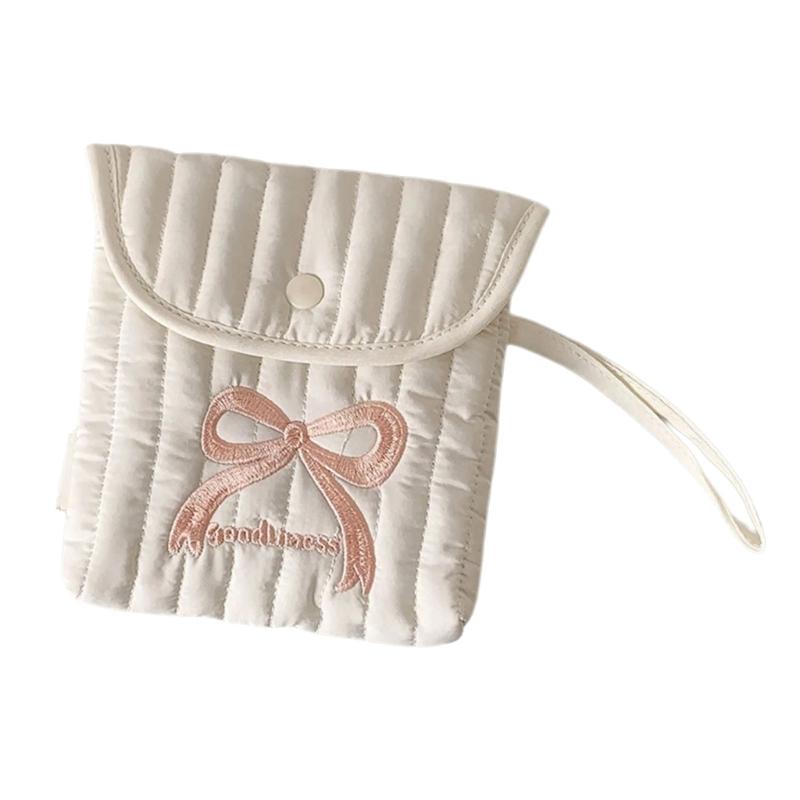 Stylish Cotton Polyester Period Essential Bag With Decorative Bows Design Compact Cosmetic Organizer For Women Girls
