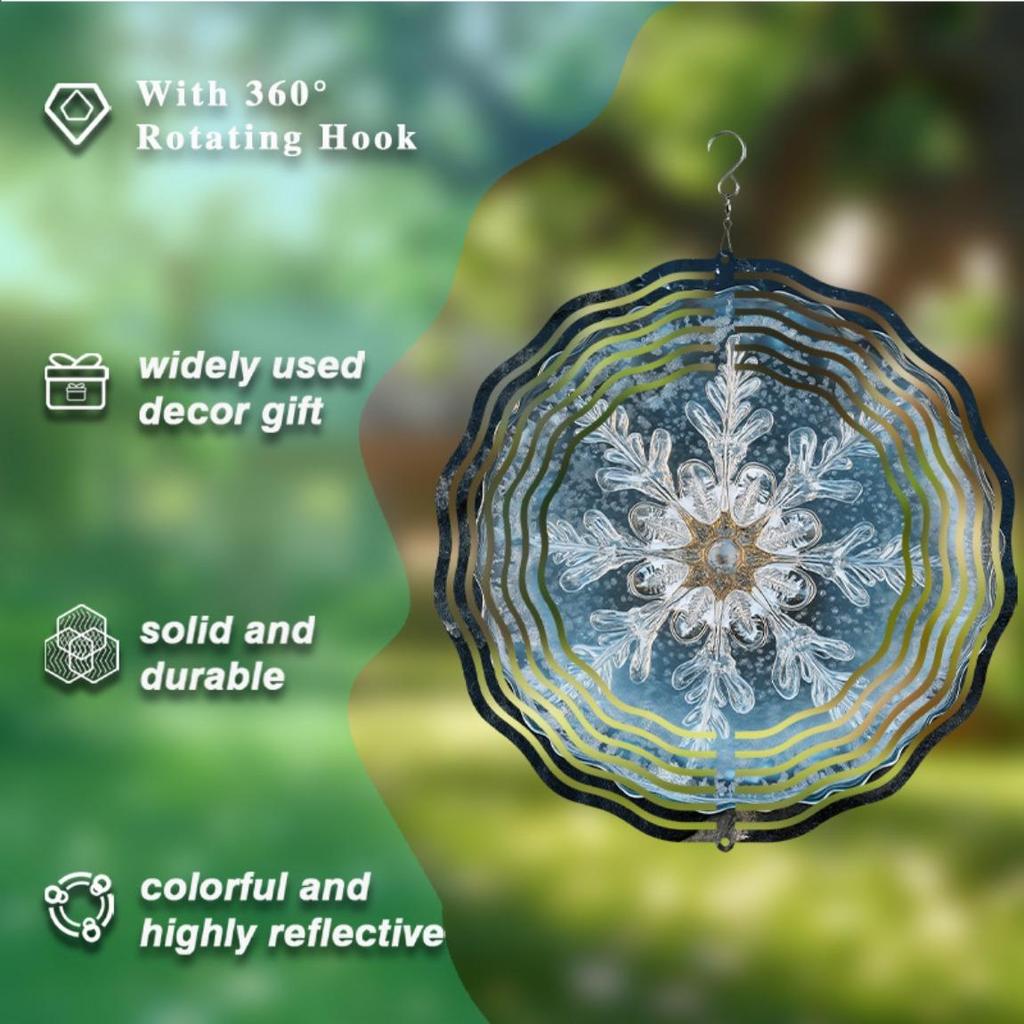 10 Inch Snowflake Wind Spinner for Garden Patio Decor with Frosted Glass Design 360 Swivel Hook All Season Outdoor Metal Art Winter Wonderland Gift