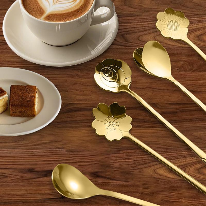 Roestvrijstalen Lepel en Bestekset, Koffielepel, Roerlepel, Kersengebloesem, Chrysant, Roos, Hartvormige Lepel