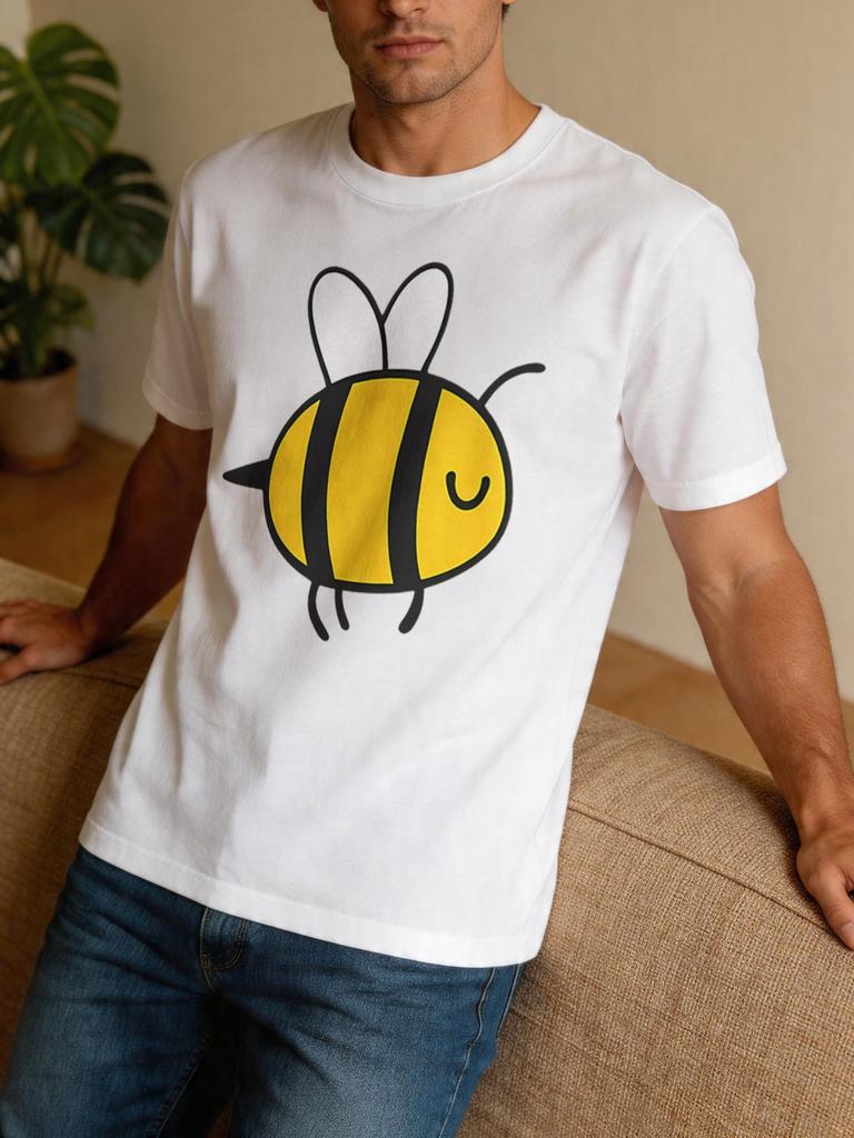 Cute Cartoon Smiling Bee Graphic Unisexs T Shirt Vintage Insect Art Short Sleeve Crew Neck Cotton Tee Street Casual Wear Top