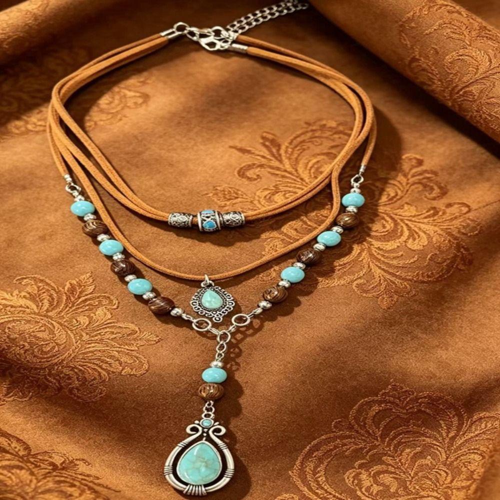 Bohemian Style Pendant Necklace Blue Chain Jewelry Simple Stack  Beach Choker  Party Wear