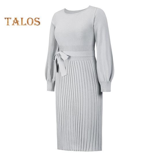 Autumn Lady Dress Knitted Round Neck Long Sleeves Slim Fit Pleated Lace-up Tight Waist Mid-calf Length Elastic Solid Color Midi Sweater Dress