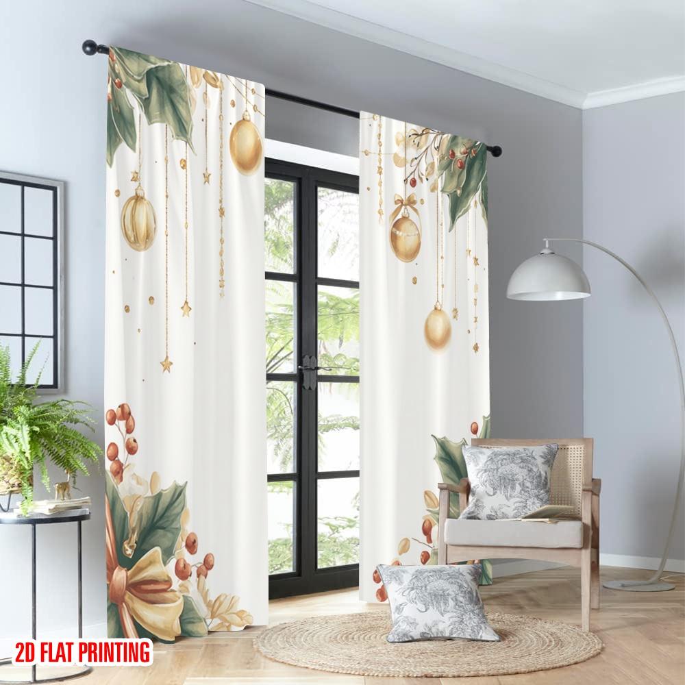 2pcs 2D flat printing Merry Christmas Party Curtains Christmas Holly Festive Ornaments Digital Printed Polyester Drapes Birthday