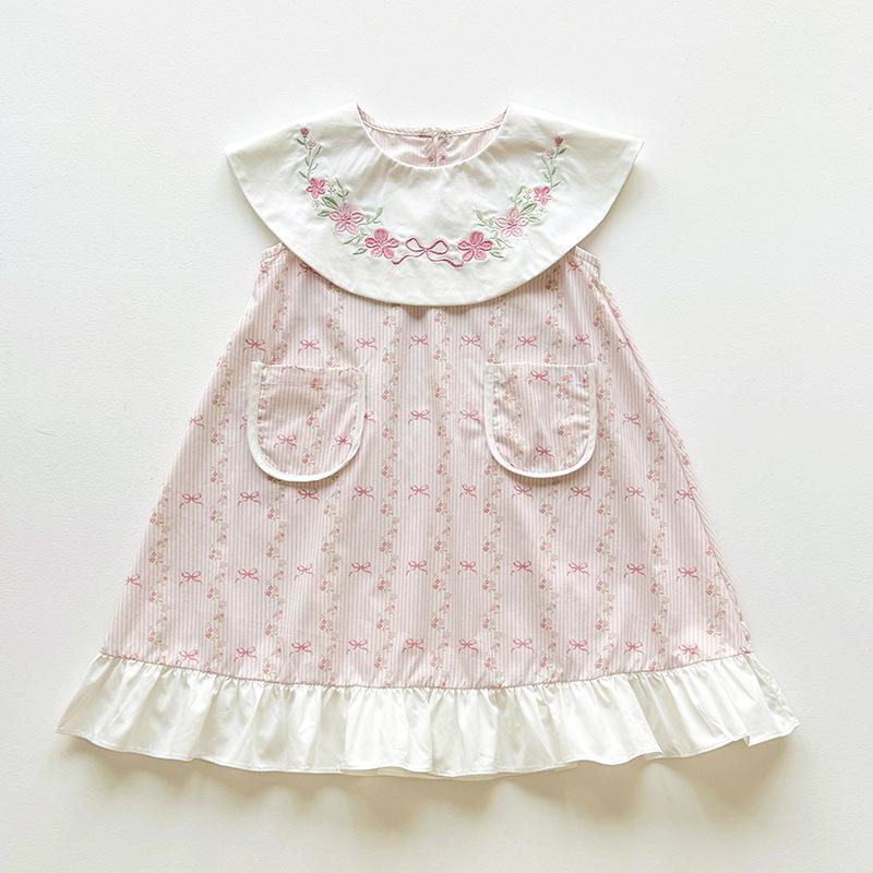 Embroidery Doll Collar Infant Girls Dress Cute Casual Comfortable Princess Dress for Little Girls Daily Wear and Special Occasions 90cm