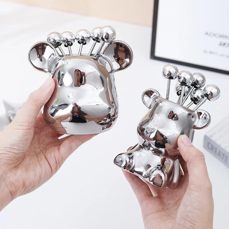 7pcs Set Fruit Forks Household Utensils Stainless Steel High-end Storage Cans Forks Fruit Tags Home Desktop Decoration Ornaments