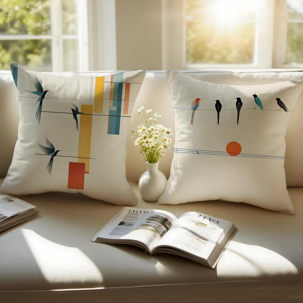 Minimalist Abstract Geometric Bird Pattern Cushion Cover Pillowcase Antidustmite Invisible Zipper Short Plush Sofa Cushion