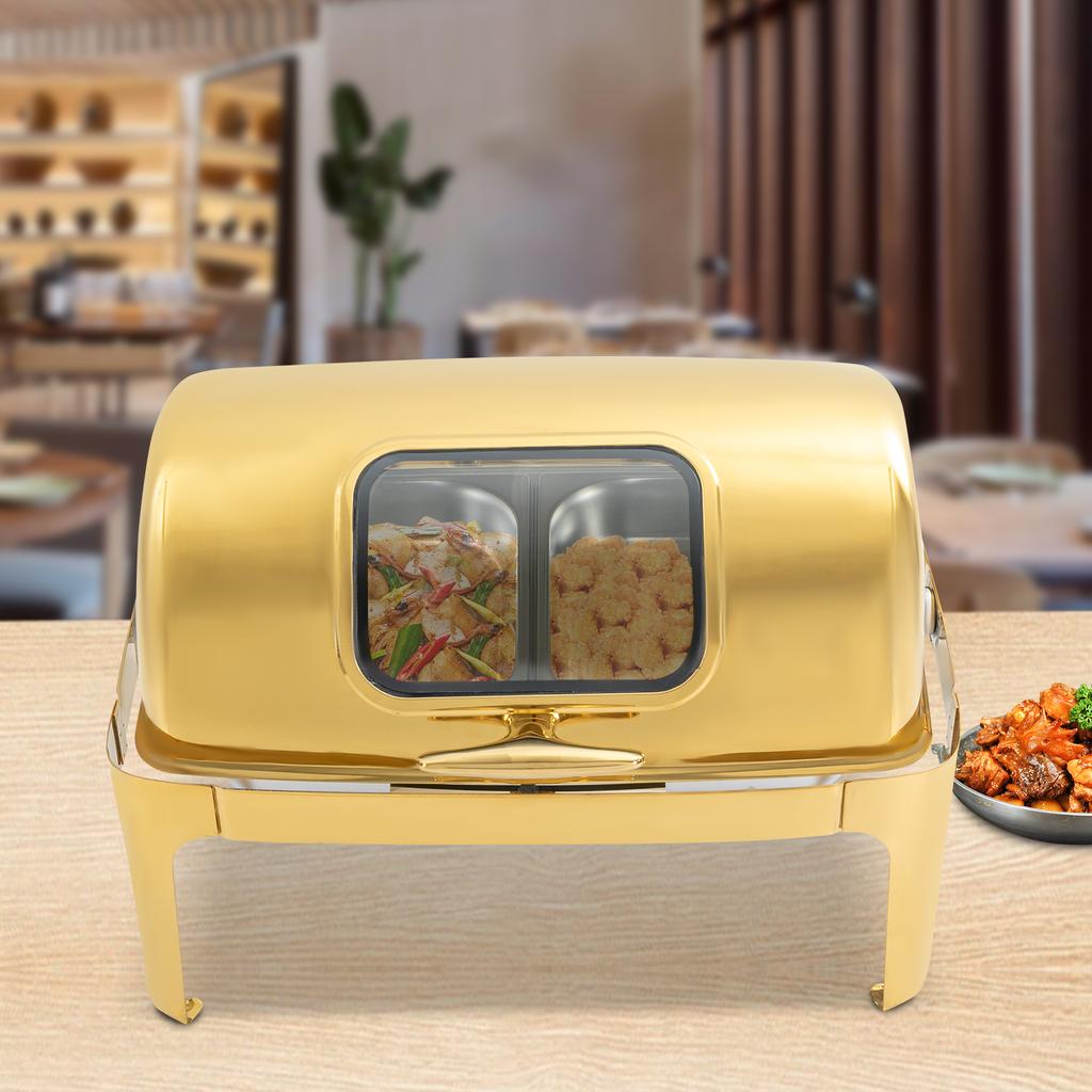9L Gold Roll Top Chafing Dish W/ Viewing Window, 2x4.5L Stainless Steel Food Pans, Catering Buffet Warmer for Parties, Banquets