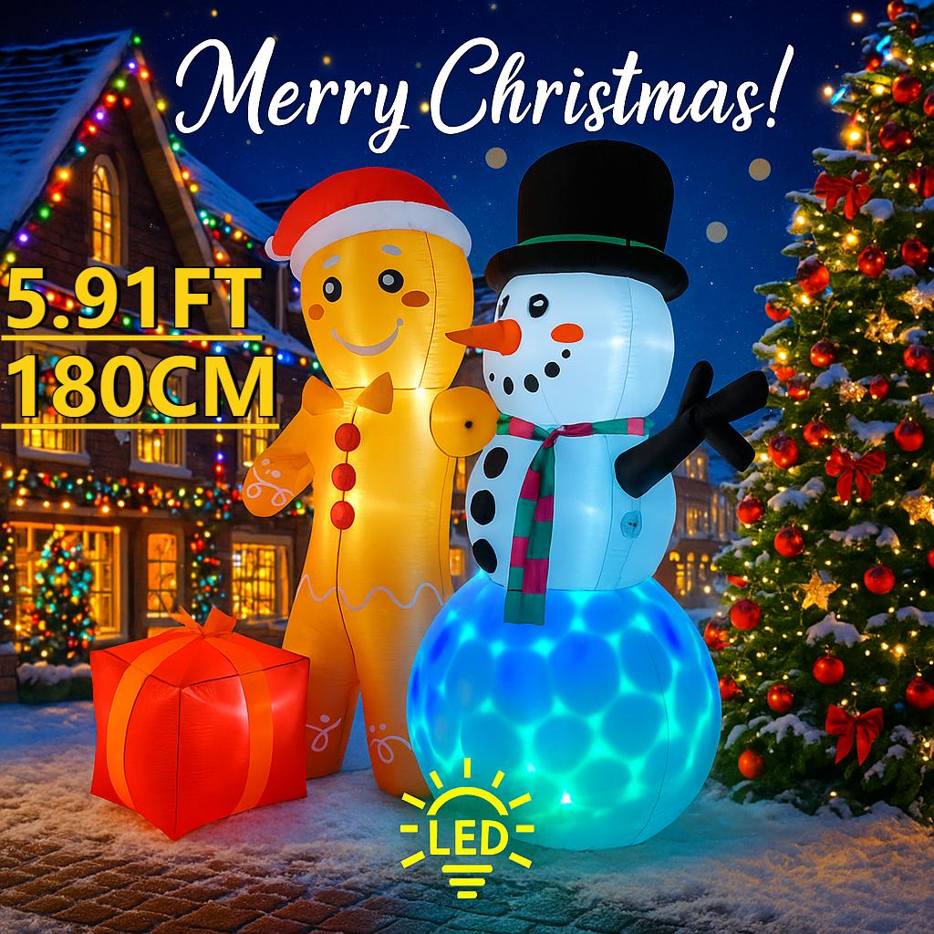 

5.91FT Christmas Inflatable Toys LED Gingerbread Man Snowman Gift Set Supplies Home Ornament Festive Gift Xmas Yard Decoration EU