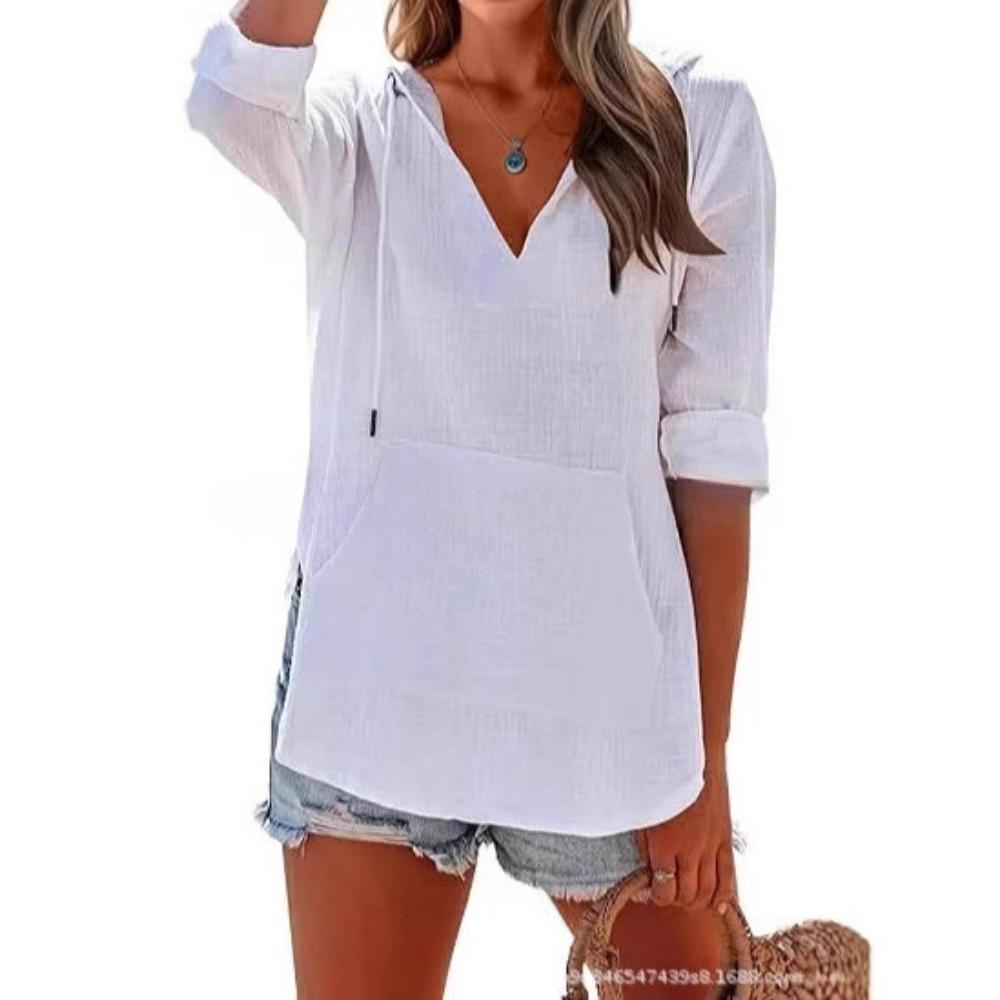 Spring and Summer Beach Cover-Up Hooded Long-Sleeved V-Neck Pockets Hooded Shirt for Women