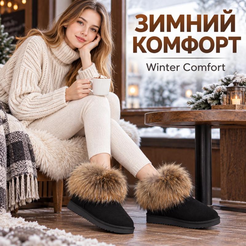 Winter Real Fox Fur Snow Boots Flats Genuine Leather Fur Boots Women's Short Boots Suede Leaher Girl Boots
