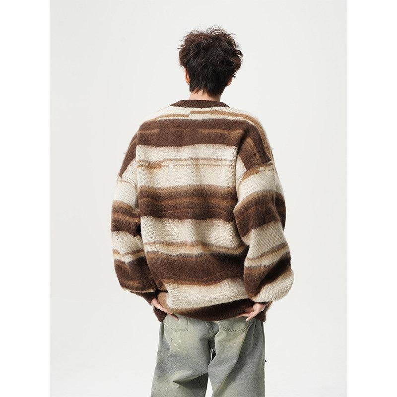 Loose Fit Striped Crew Neck Long Sleeve Couple Sweater For Men Women