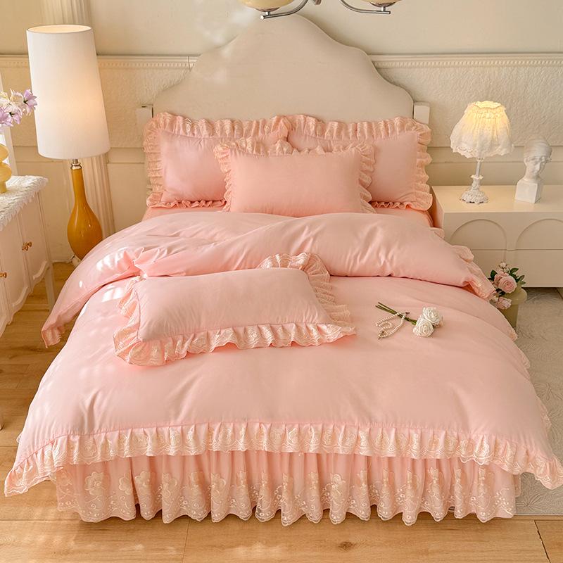 Princess Lace Ruffle Bed Skirt Set (3-4 Piece) - Pure Color Duvet Cover and Sheet.