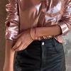 Camicia da donna con risvolto, manica lunga, vestibilità ampia, in pelle scamosciata, casual, con tasca applicata, monopetto