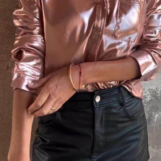 Camicia da donna con risvolto, manica lunga, vestibilità ampia, in pelle scamosciata, casual, con tasca applicata, monopetto
