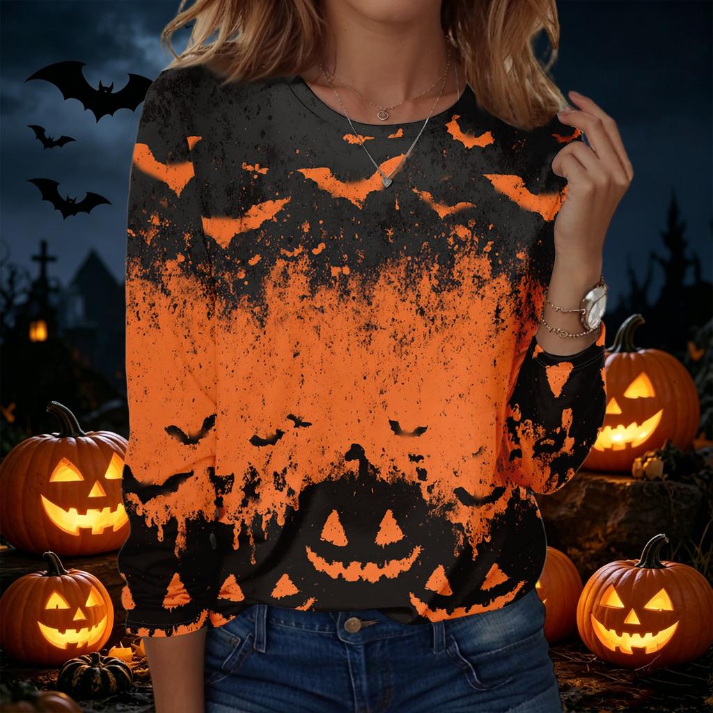 Women's Halloween Print Pullover Sweatshirt Long Sleeve Crew Neck Casual Top Comfortable Fit Seasonal Design