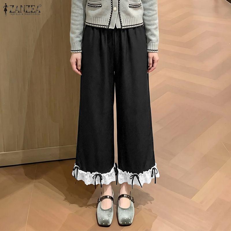 ZANZEA Women Casual Elastic Waist Loose Casual Lace Splice Cropped Pants