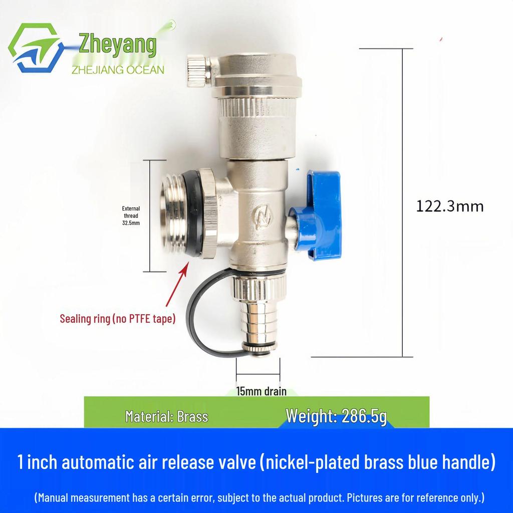 Automatic Brass Geothermal Manifold Air Vent and Water Drain Valve for Underfloor Heating, Large Flow, 1-1.2 inch Tailpiece
