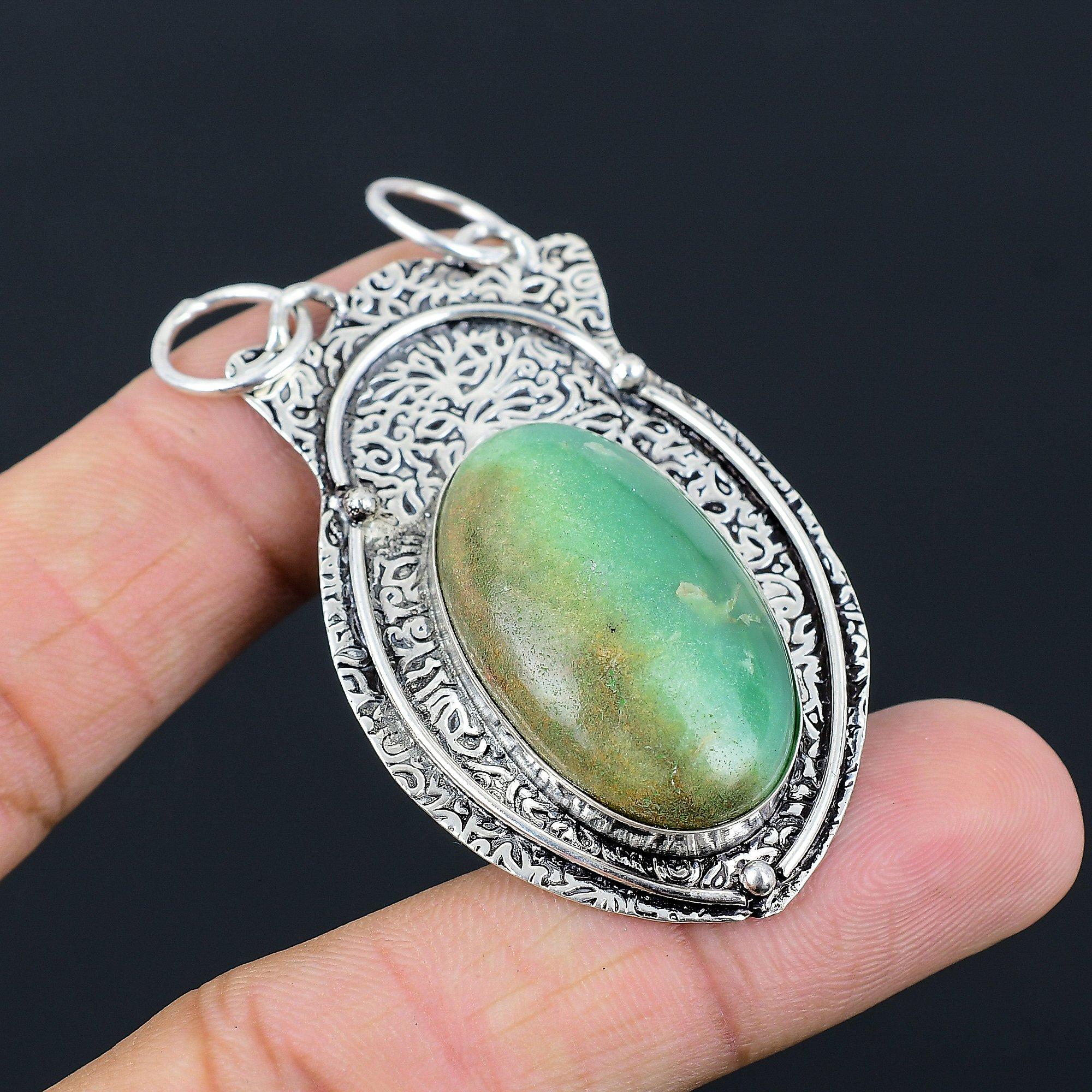 Daughters Day Sale Oval Chrysoprase Stone 925 Sterling Silver Pendant Jewelry