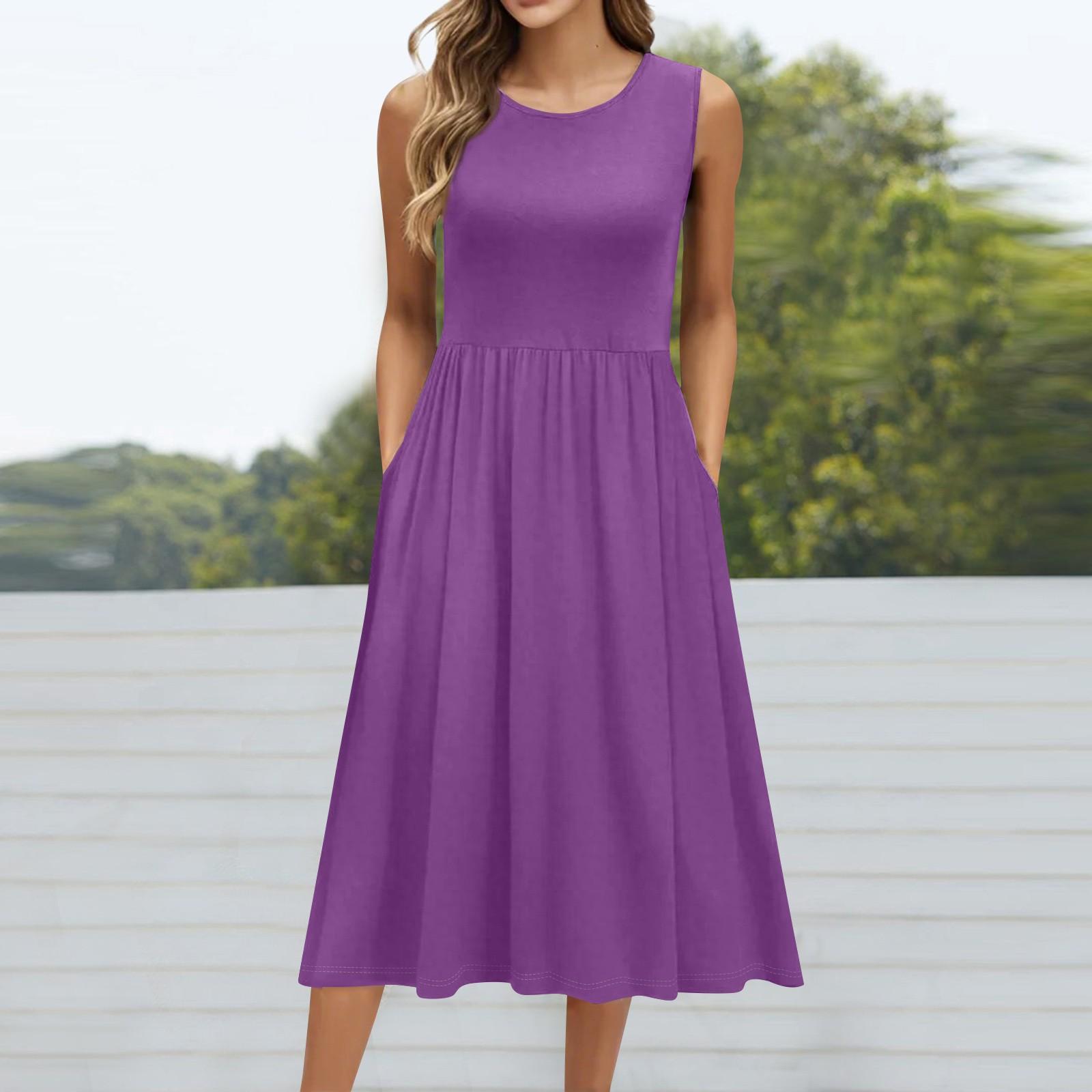 

Женское модное однотонное платье без рукавов с круглым вырезом и карманом средней длины M фиолетовый