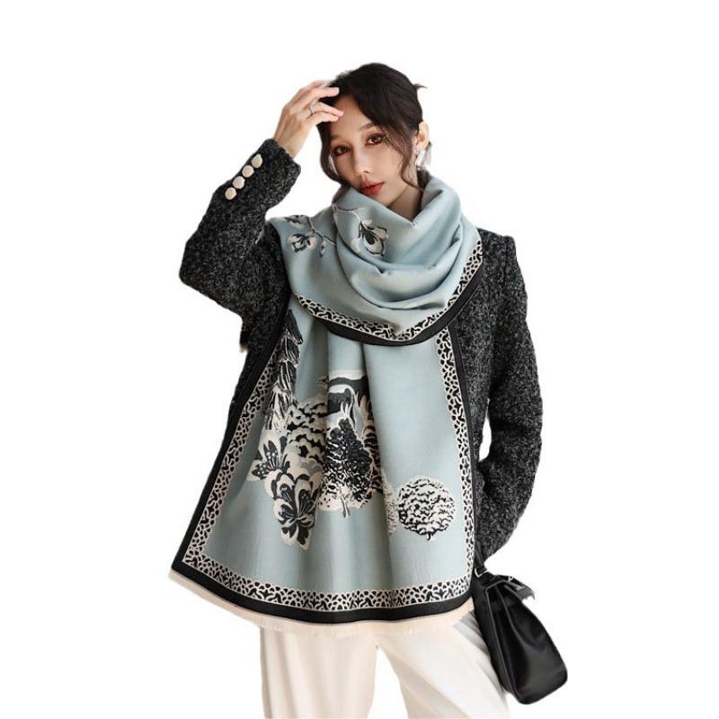 Autumn and Winter New Flowers Bloom and See Deer Jacquard Scarf Women's High-end Sense Versatile Imitation Cashmere Shawl Thickened Warm Scarf