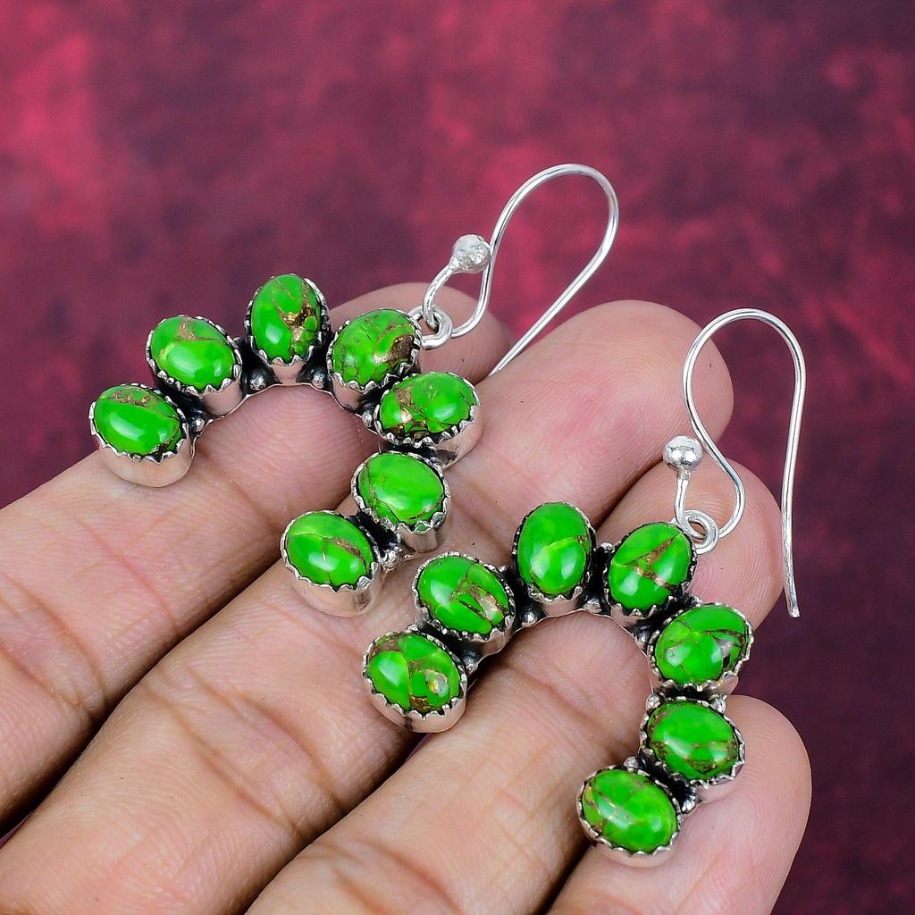 Green Copper Turquoise Handmade Gemstone Earrings, 925 Solid Sterling Silver Earrings Birthstone Jewelry, Love Forever Gift