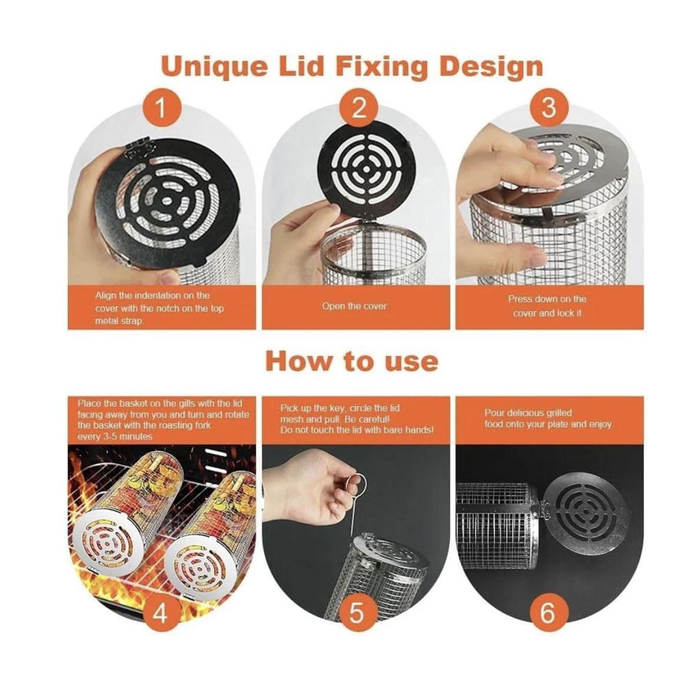Rolling Grillkäfig Versorgung Grillkorb verbesserte Outdoor-BBQ Edelstahl Grillfass Grill-Tools