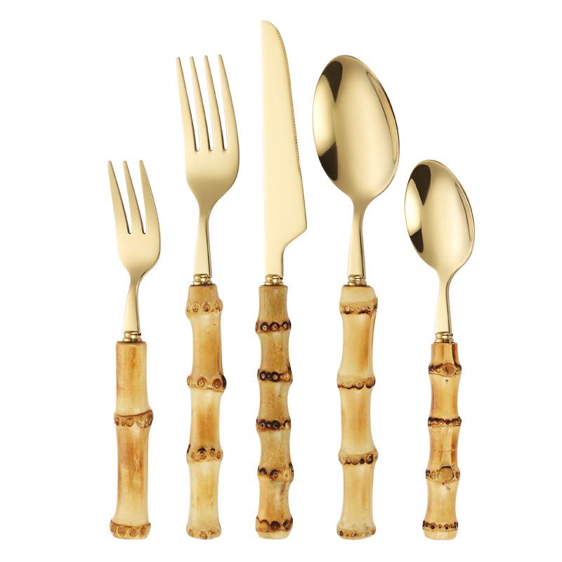 Bamboo Handle Cutlery Set: Solid Wood Steak Knife, Fork, and Spoon with 304 Stainless Steel Retro Design.