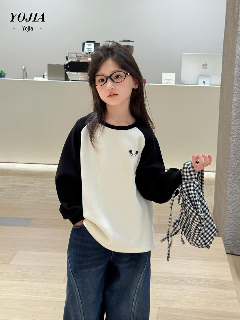 YOJIA Girls' Fleece-Lined Long-Sleeve T-Shirt - Winter 2025 Fashionable Base Layer for Little Girls