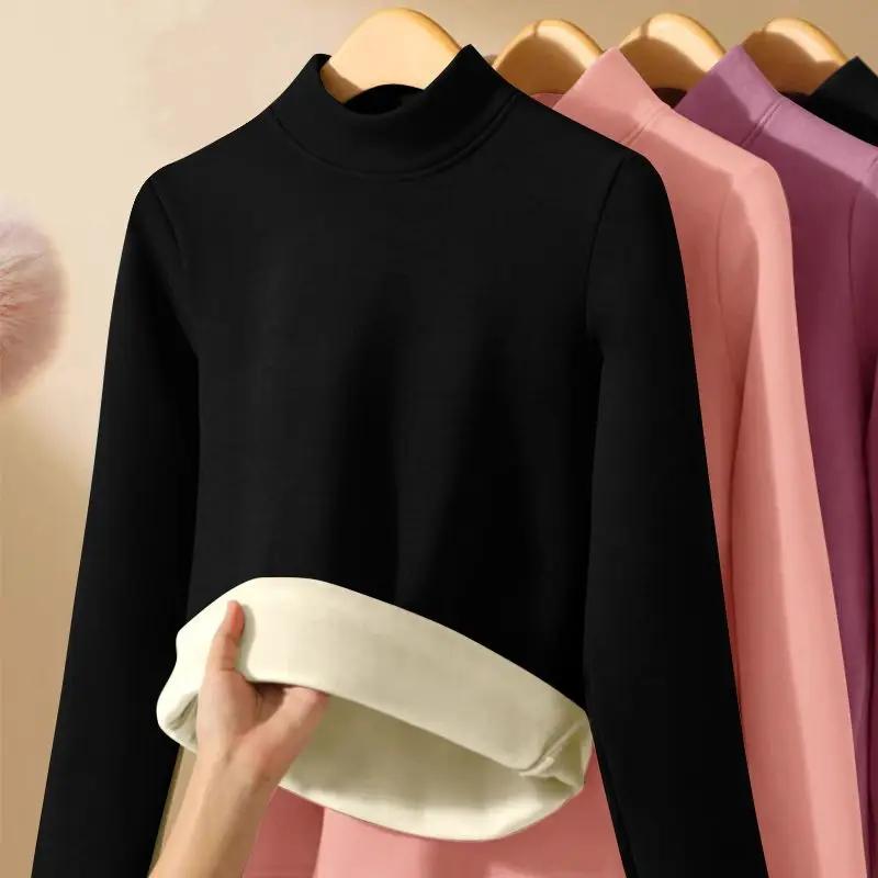 Women Thicken Half Turtleneck Bottom Shirt Double Sided Fleece Lined Warm Tops Delong Inner Wear Slim Long Sleeve Pullover Top