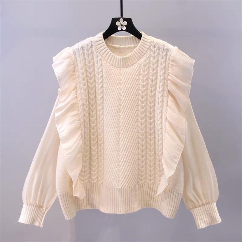 Bubble sleeves ruffle edge splicing design sense sweater spring and autumn loose top knitted sweater femininity gentle wind