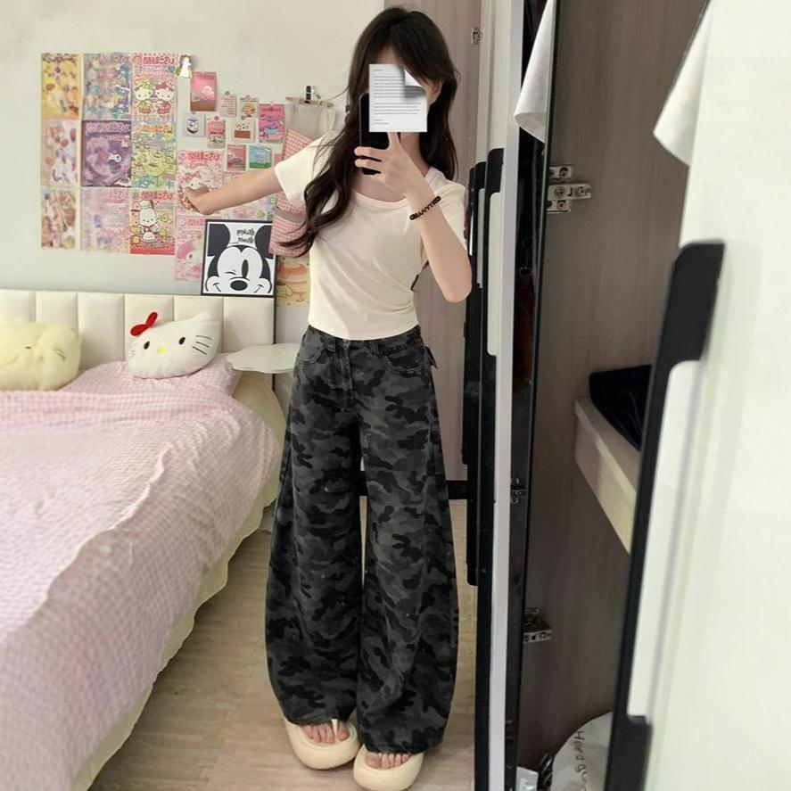 Comfortable Spring and Autumn Work Trousers Female Loose Wide Leg Trousers Draped Straight Camouflage Sports Casual Denim Trousers Long Denim Pants