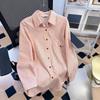 Pink Striped Women's Shirt French Style Loose Flip Collar Single Breasted Pocket Blouse Casual Fashionable Famale Long Sleeved Top