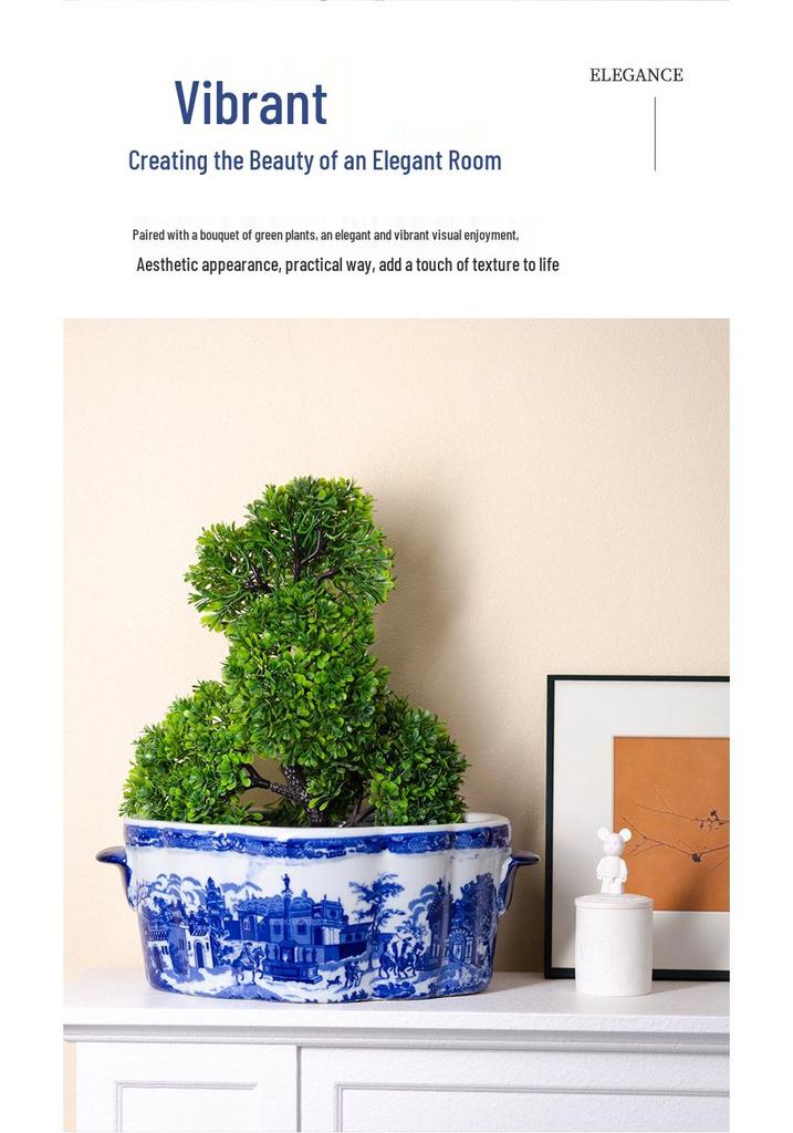 Blau-Weißes Porzellan Landschaft Keramik Blumentopf mit Retro Figuren & Gebäuden, Britischer Stil, Großes Kaliber für Wohnzimmer oder Balkon.