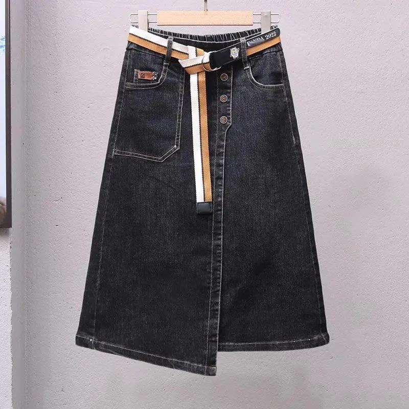 Women Spring Summer Irregular Denim Skirt Autumn Plus Size Elastic High Waisted A-line Buttocks Wrapped Skirts