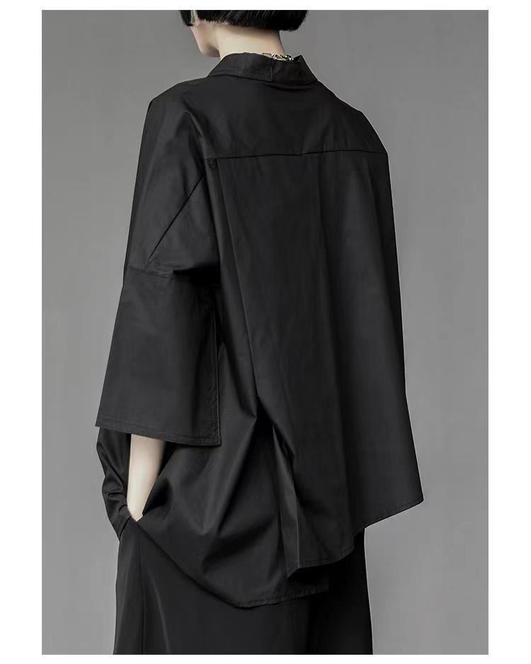 Women's Black Loose-Fit Irregular Top with Three-Quarter Sleeves