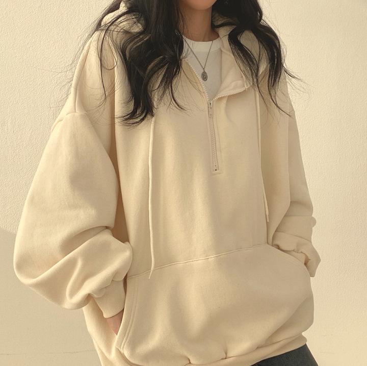 Felpa con cappuccio pullover con zip in stile coreano da donna - Vestibilità ampia, con velluto, leggera, ideale per tutte le stagioni
