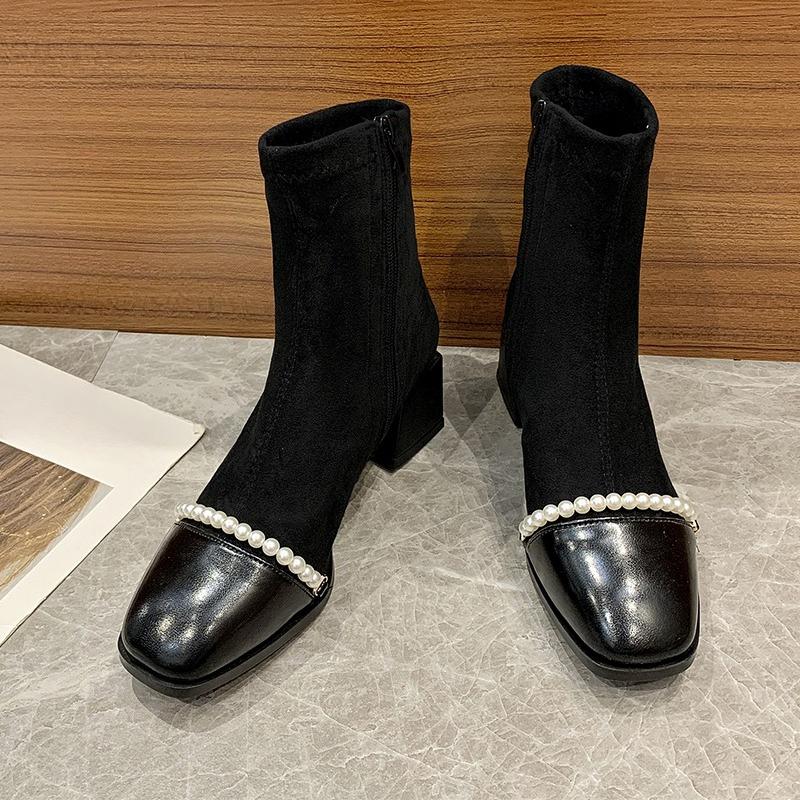 Fashion Stylish Beaded Spliced Suede Side Zipper Non-Slip Wear-Resistant Block Heel Short Thigh Boots Autumn New Single Boots