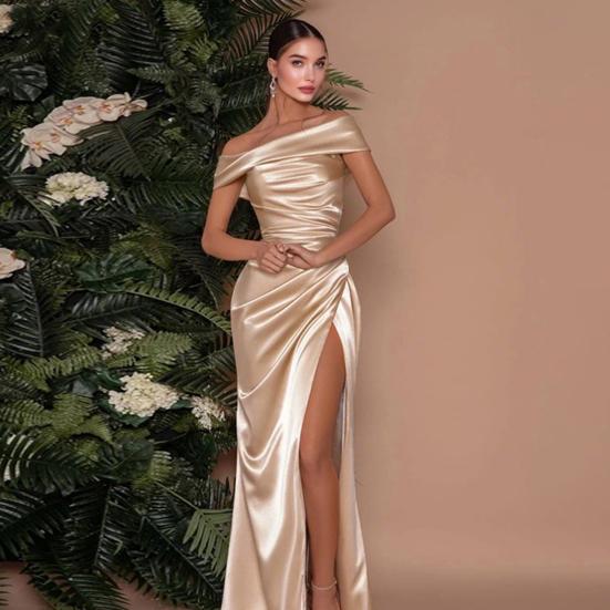 Prom Dress for Women Off Shoulder Satin Evening Party Formal Gown High Slit Cocktail Wedding Guest Maxi Dress