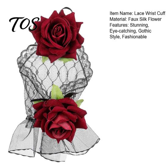 Elasticated Lace Hand Flowers Gothic Fingerless Glove, Elastic Short Sleeve, Wine Red Rose Bracelets Flower Wrist Cuff for Women Girls, Wedding,