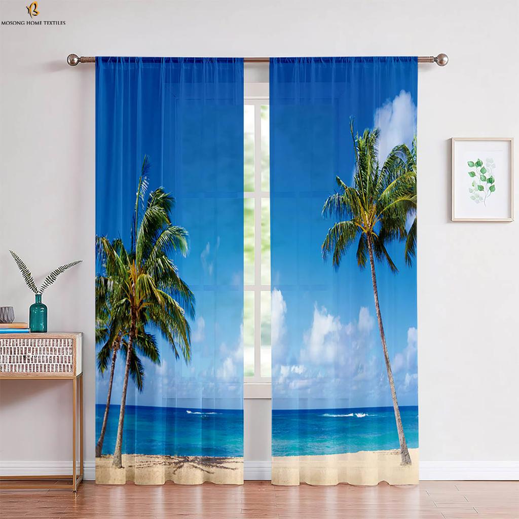 Set Of 2 Window Curtains Seaside Scenery Coconut Tree Printing Bedroom Living Room Kitchen Decorative Curtain Polyester Perfect For Sitting