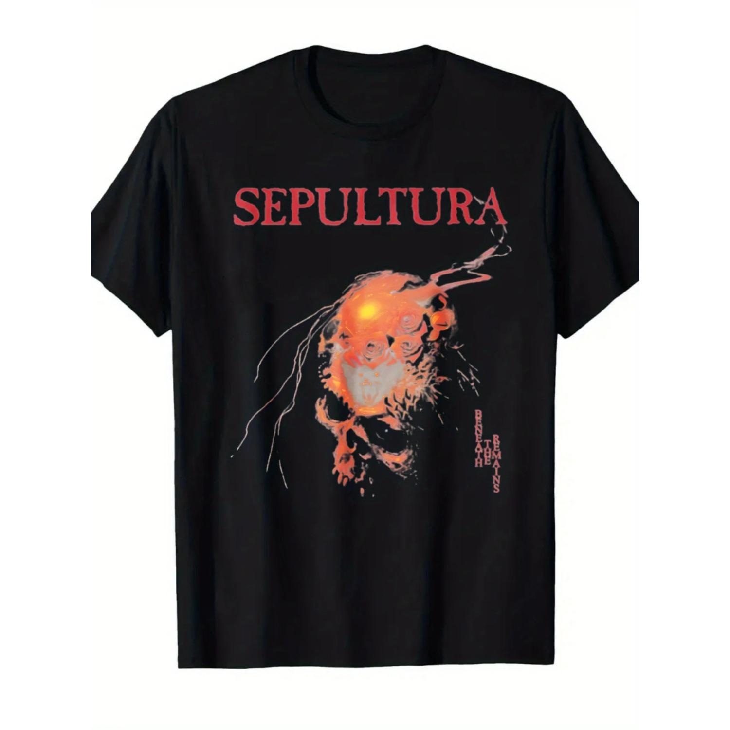 

Black SEPULTRA Band Flame Skull Print Pattern Rock Style Text Design Suitable for Daily Wear During Music Festivals and Concerts S чёрный