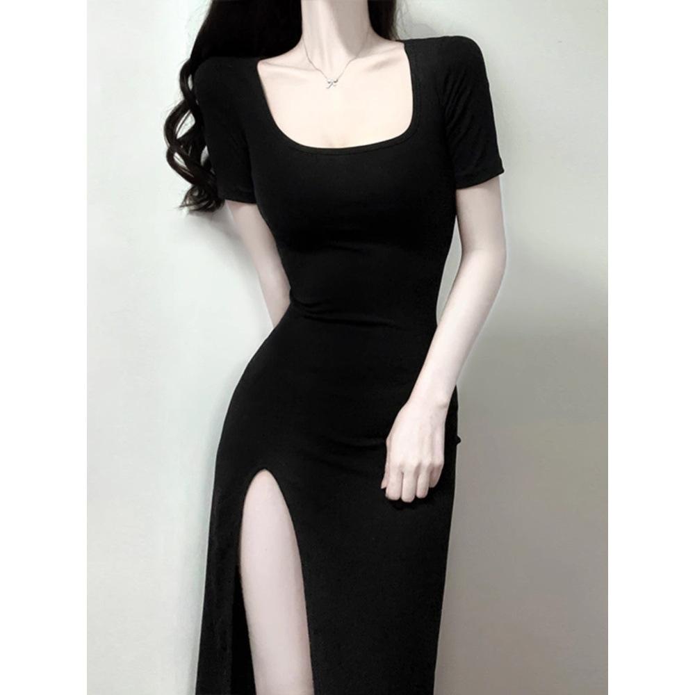 French Casual Black Dress Women's New Summer Elegant Women's Design Sense Split Fork Slim Fit Long Dress Hip Wrap