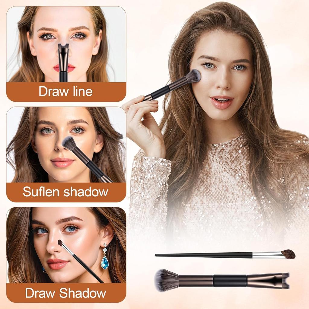 2Pcs Nose Contour Brushes for Makeup Shimmeroo Double-Ended Nose Angled Eye Shadow Contour Brushes for Makeup 2-in-1 U-Shaped Fluffy Brush Contouring