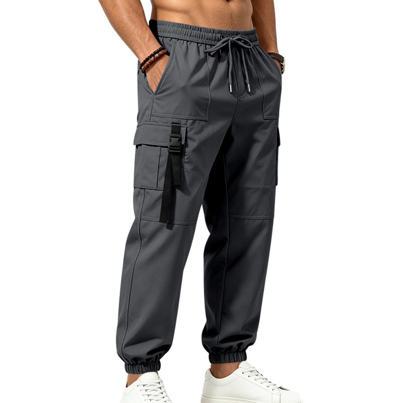 Men s Outdoor Commuter High Street Multi Pocket Cargo Pants Elastic Waist Drawstring Jogger Trousers Casual Workwear M