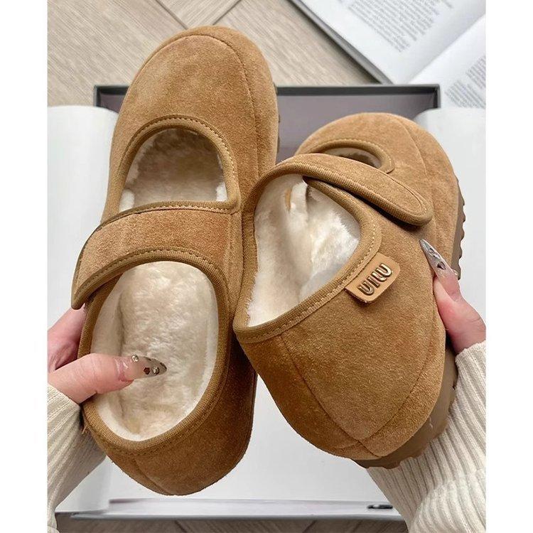 [Armano] Heel height 4cm Mary Jane shoes fluffy shoes suede Velcro velvet warm casual cotton shoes winter