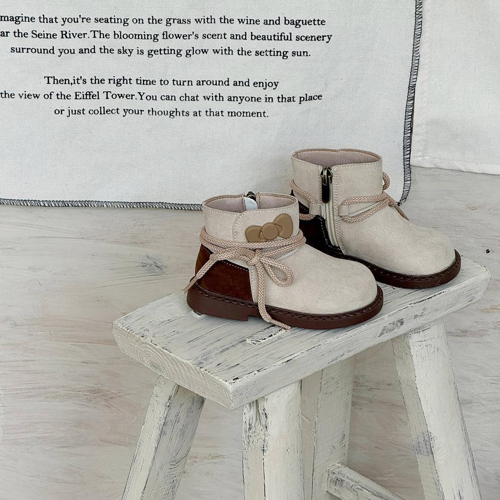 XSHX children's retro Chelsea short boots side zipper autumn and winter new Wenzhou classmates girls bow wide spread toe